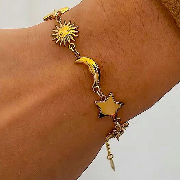 Gold Moon Star Sun Two Piece Chain Bracelet Set - Picture 3 of 10